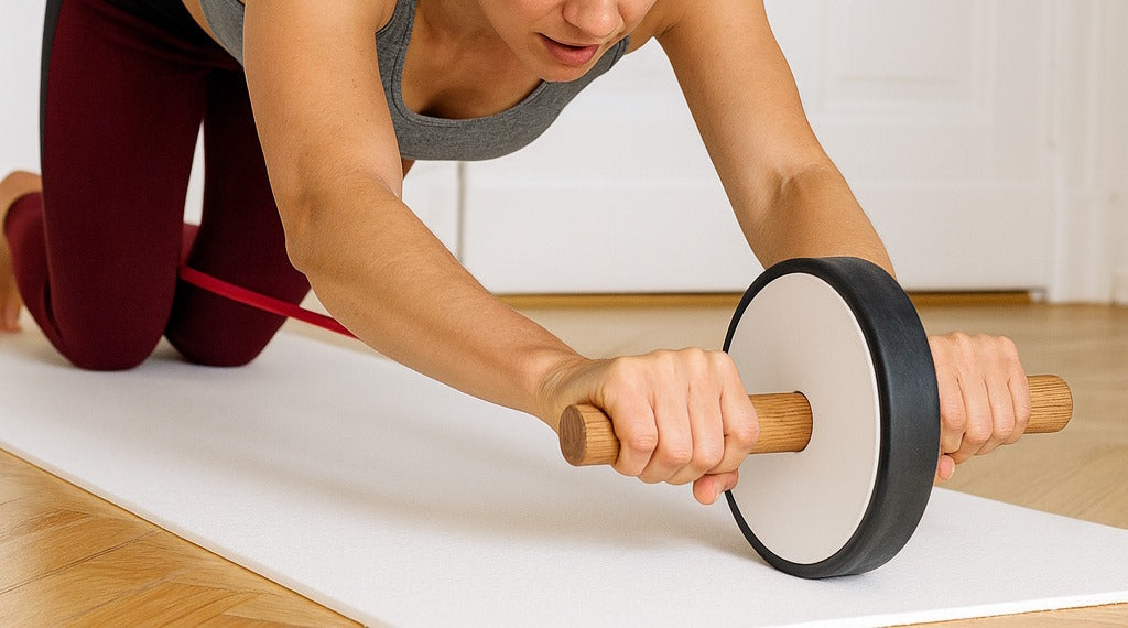 Frau trainiert an kleinen Fitnessgeräten wie Liegestützgriffen aus Holz