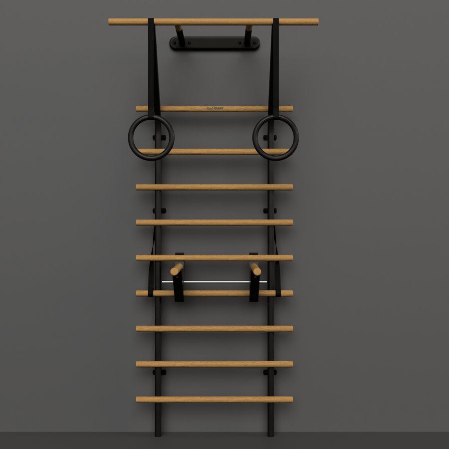 Schwarzes Premium Sprossenwand »Homegym Bundle« vor einer grauen Wand